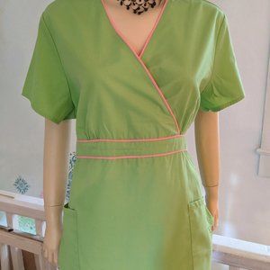SB SCRUBS * Lime Green with Pink Trim * Wrap Tie Style * Size L